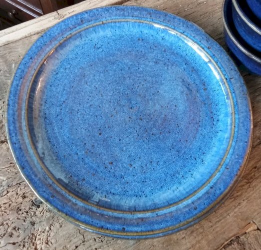 Ancien Service Vaisselle Grès Émaillé Bleu  Art De La Table Vintage 10 Pièces