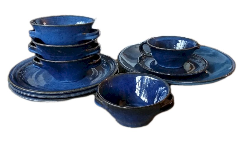 Ancien Service Vaisselle Grès Émaillé Bleu  Art De La Table Vintage 10 Pièces