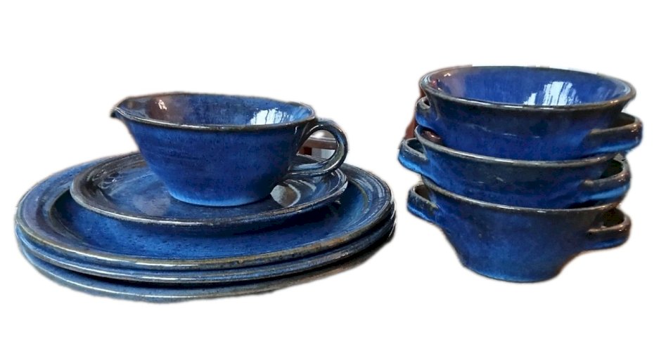 Ancien Service Vaisselle Grès Émaillé Bleu  Art De La Table Vintage 10 Pièces