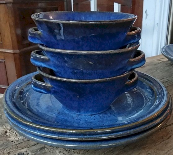 Ancien Service Vaisselle Grès Émaillé Bleu  Art De La Table Vintage 10 Pièces
