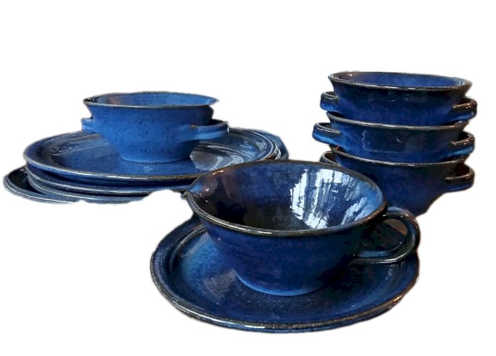 Ancien Service Vaisselle Grès Émaillé Bleu  Art De La Table Vintage 10 Pièces