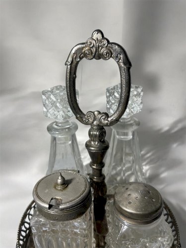 Ancien serviteur à condiments en verre taillé et métal argenté – Huilier vinaigrier, moutardier et salière – Art de la table
