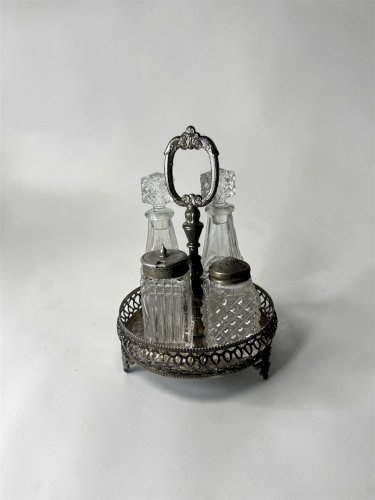 Ancien serviteur à condiments en verre taillé et métal argenté – Huilier vinaigrier, moutardier et salière – Art de la table