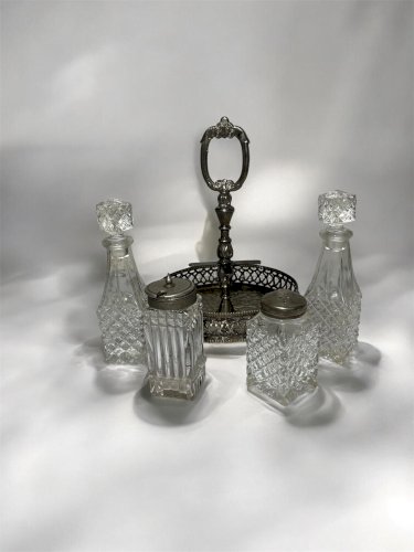 Ancien serviteur à condiments en verre taillé et métal argenté – Huilier vinaigrier, moutardier et salière – Art de la table