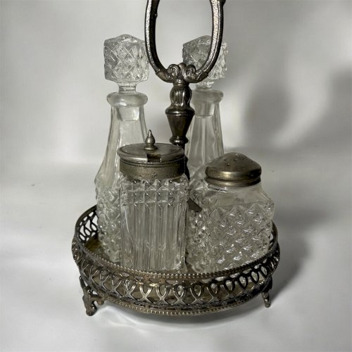 Ancien serviteur à condiments en verre taillé et métal argenté – Huilier vinaigrier, moutardier et salière – Art de la table