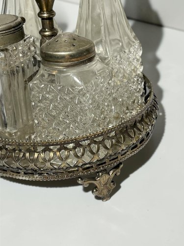 Ancien serviteur à condiments en verre taillé et métal argenté – Huilier vinaigrier, moutardier et salière – Art de la table
