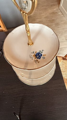 Ancien serviteur muet 3 étages en porcelaine Décor floral Bleu et Or