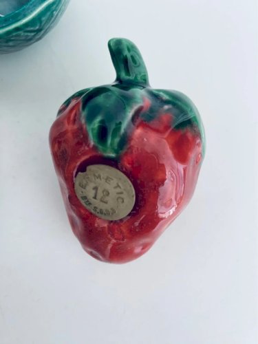 Ancien Set Moutardier Panier et Salière Fraise en Barbotine Vintage Années 50
