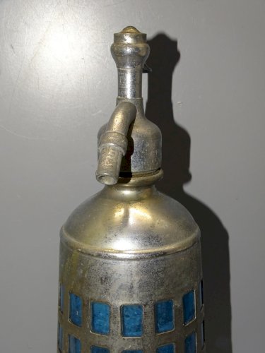 -ANCIEN SIPHON CAGE METAL SIPHONIA PARIS VERRE BLEU COLLECTION jus de grenier  D