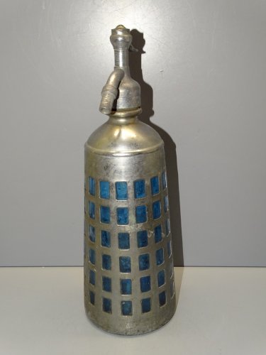 -ANCIEN SIPHON CAGE METAL SIPHONIA PARIS VERRE BLEU COLLECTION jus de grenier  D