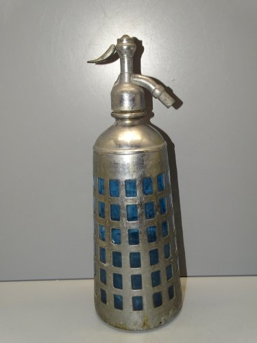 -ANCIEN SIPHON CAGE METAL SIPHONIA PARIS VERRE BLEU COLLECTION jus de grenier  D