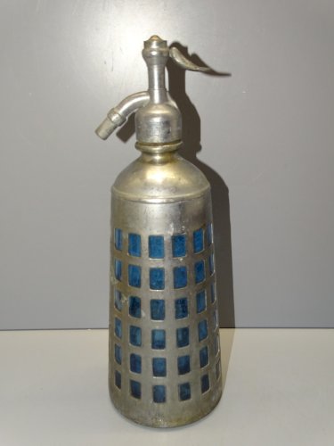 -ANCIEN SIPHON CAGE METAL SIPHONIA PARIS VERRE BLEU COLLECTION jus de grenier  D