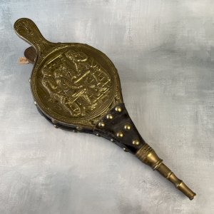 Ancien soufflet bois cuir déco cheminée au coin du feu bois décor laiton relief