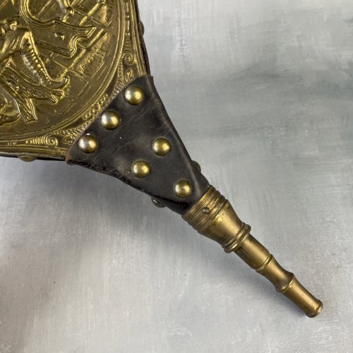 Ancien soufflet bois cuir déco cheminée au coin du feu bois décor laiton relief
