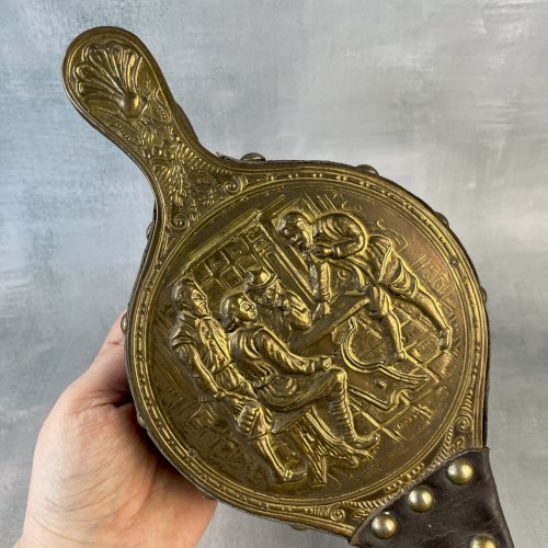 Ancien soufflet bois cuir déco cheminée au coin du feu bois décor laiton relief