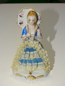 -ANCIEN SUJET PORCELAINE JEUNE FEMME A L'OMBRELLE JOLIE DENTELLE VITRINE    D