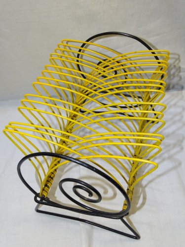 - ANCIEN SUPPORT PORTE DISQUES VINYLES METAL & SCOUBIDOU JAUNE & NOIR VINTAGE  D