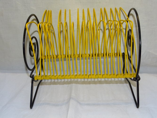 - ANCIEN SUPPORT PORTE DISQUES VINYLES METAL & SCOUBIDOU JAUNE & NOIR VINTAGE  D