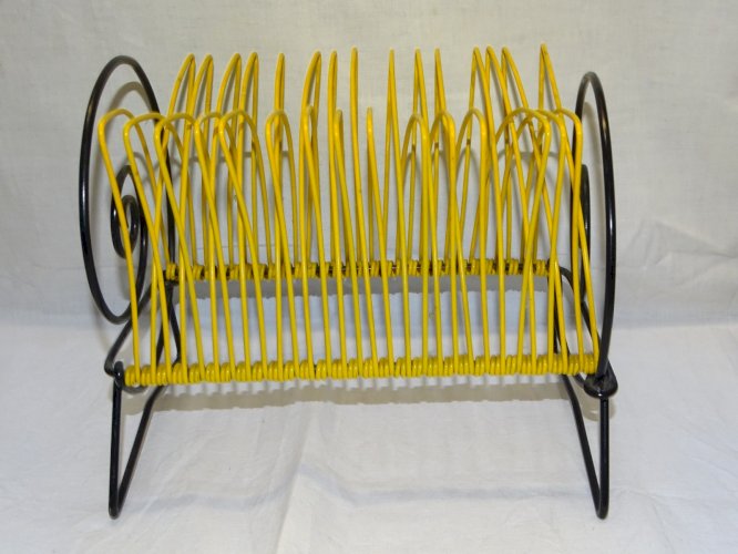 - ANCIEN SUPPORT PORTE DISQUES VINYLES METAL & SCOUBIDOU JAUNE & NOIR VINTAGE  D