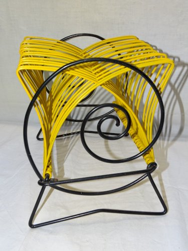 - ANCIEN SUPPORT PORTE DISQUES VINYLES METAL & SCOUBIDOU JAUNE & NOIR VINTAGE  D