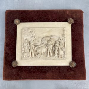 Ancien tableau bas-relief en pierre calcaire scène paysanne signé CF Becker