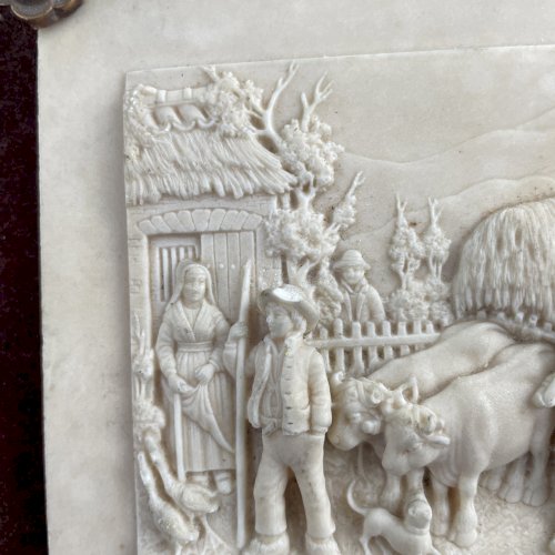 Ancien tableau bas-relief en pierre calcaire scène paysanne signé CF Becker