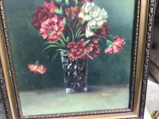 Ancien Tableau "bouquet d’œillets .‘Huile sur panneau Antique Oil Painting