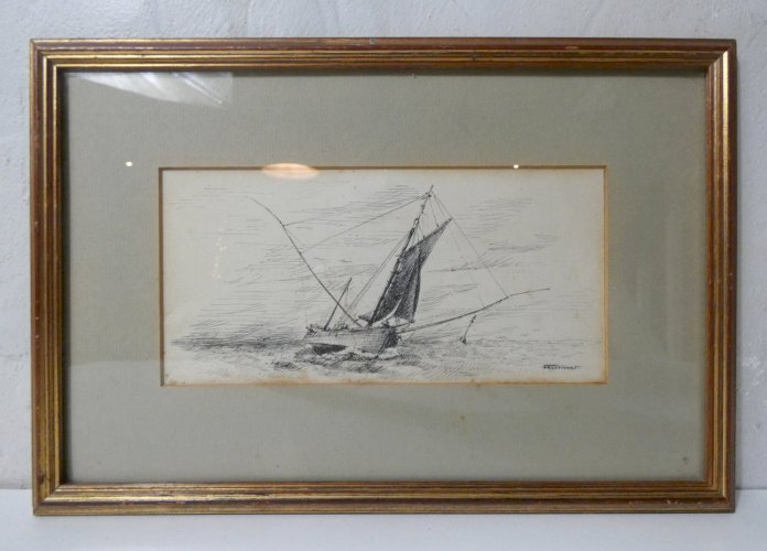 ancien tableau dessin encre sur papier voilier en mer signé encadré