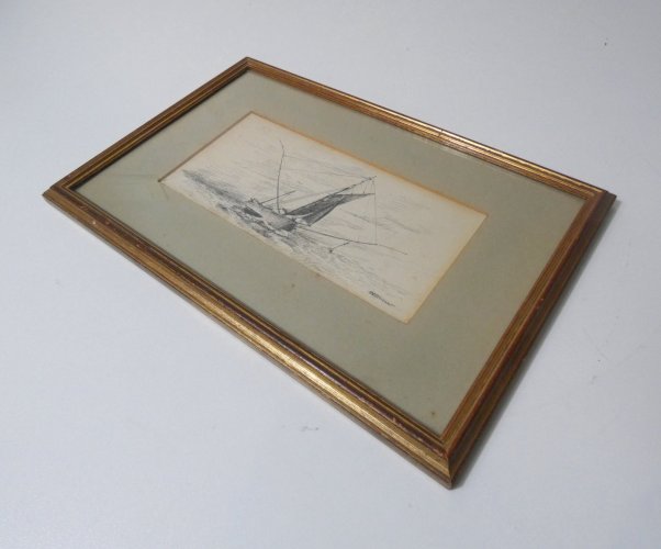 ancien tableau dessin encre sur papier voilier en mer signé encadré