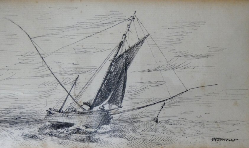 ancien tableau dessin encre sur papier voilier en mer signé encadré