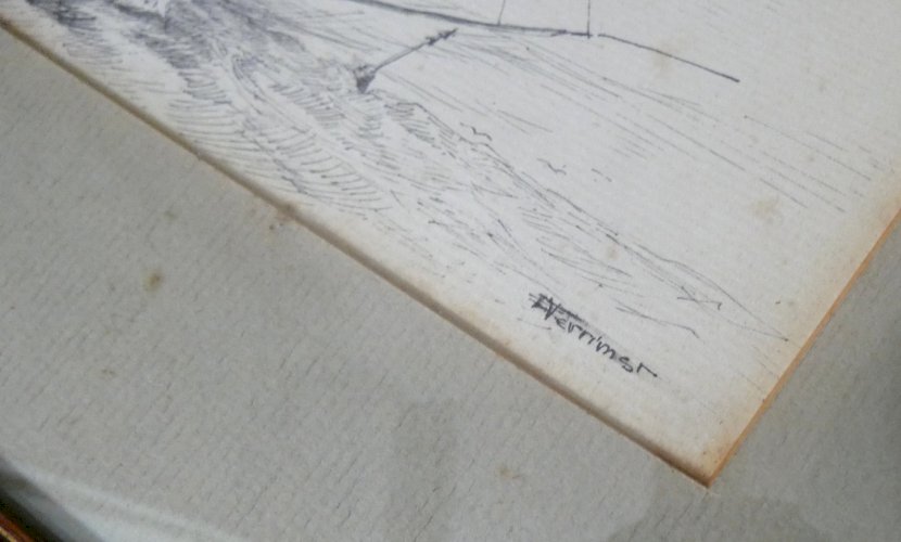 ancien tableau dessin encre sur papier voilier en mer signé encadré