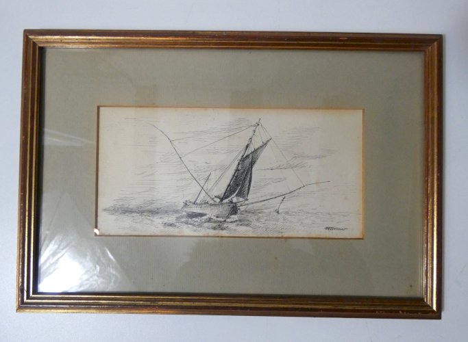 ancien tableau dessin encre sur papier voilier en mer signé encadré