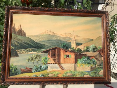 ANCIEN TABLEAU HUILE S/PAPIER CHALET VILLAGE MONTAGNE  48 cmX 30 SIGNÉ A.BOUCHER