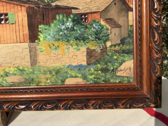 ANCIEN TABLEAU HUILE S/PAPIER CHALET VILLAGE MONTAGNE  48 cmX 30 SIGNÉ A.BOUCHER