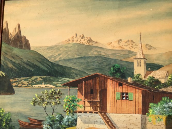 ANCIEN TABLEAU HUILE S/PAPIER CHALET VILLAGE MONTAGNE  48 cmX 30 SIGNÉ A.BOUCHER