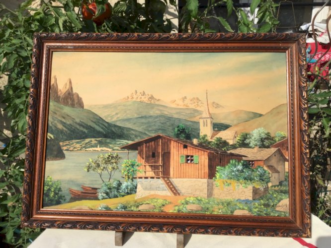 ANCIEN TABLEAU HUILE S/PAPIER CHALET VILLAGE MONTAGNE  48 cmX 30 SIGNÉ A.BOUCHER