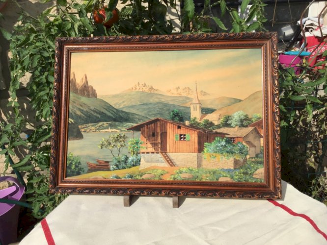 ANCIEN TABLEAU HUILE S/PAPIER CHALET VILLAGE MONTAGNE  48 cmX 30 SIGNÉ A.BOUCHER