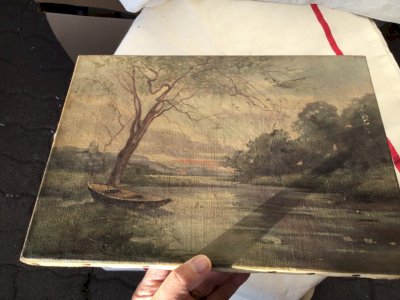 ANCIEN TABLEAU HUILE S/toile  rivière barque VILLAGE 33x24