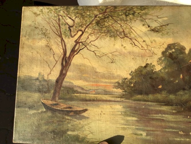 ANCIEN TABLEAU HUILE S/toile  rivière barque VILLAGE 33x24