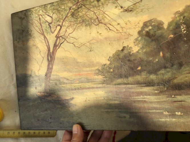 ANCIEN TABLEAU HUILE S/toile  rivière barque VILLAGE 33x24