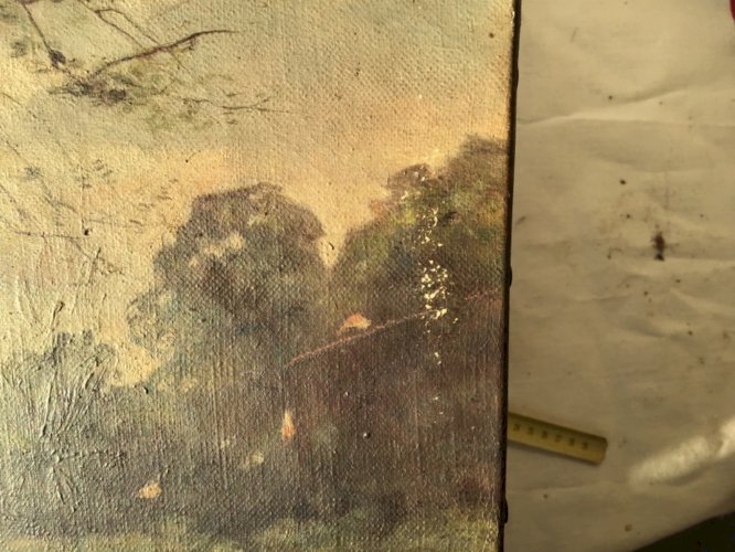 ANCIEN TABLEAU HUILE S/toile  rivière barque VILLAGE 33x24