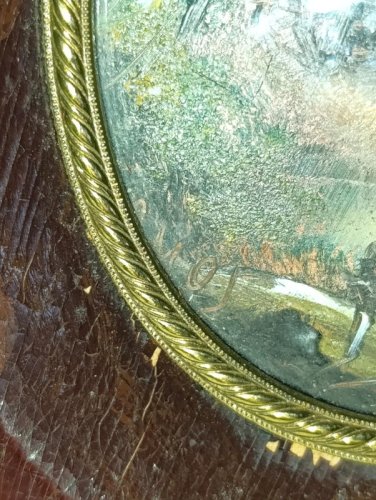 ancien tableau miniature sur cuivre signé avec cadre bois  en bon etat