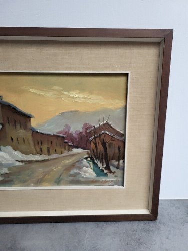 ANCIEN TABLEAU PEINTURE PAYSAGE MAISON 1968 SIGNE F. CAVAZZUTI