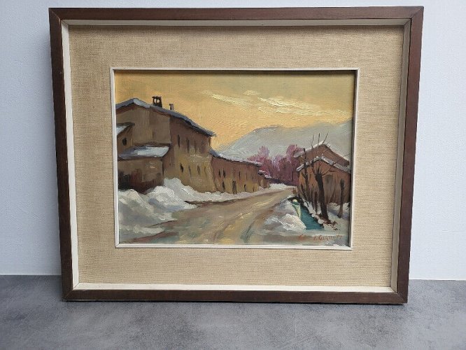 ANCIEN TABLEAU PEINTURE PAYSAGE MAISON 1968 SIGNE F. CAVAZZUTI