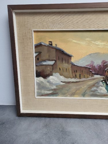 ANCIEN TABLEAU PEINTURE PAYSAGE MAISON 1968 SIGNE F. CAVAZZUTI