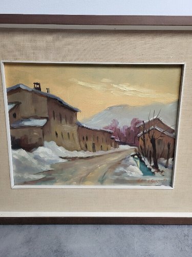 ANCIEN TABLEAU PEINTURE PAYSAGE MAISON 1968 SIGNE F. CAVAZZUTI