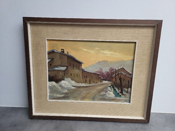 ANCIEN TABLEAU PEINTURE PAYSAGE MAISON 1968 SIGNE F. CAVAZZUTI
