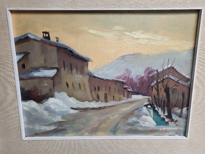 ANCIEN TABLEAU PEINTURE PAYSAGE MAISON 1968 SIGNE F. CAVAZZUTI