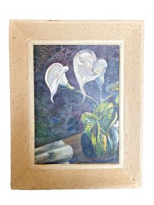 Ancien tableau peinture sur isorel  bouquet d'arums fleur nature morte signé