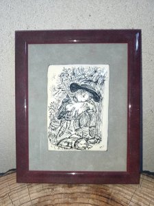 ancien Tableau plaque tôle émaillée decor enfant signé signé MD en bon etat